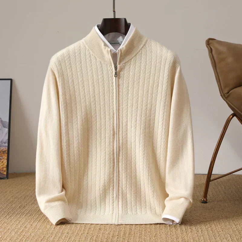 Pull homme Old Money 100 % laine mérinos à fermeture éclair intégrale