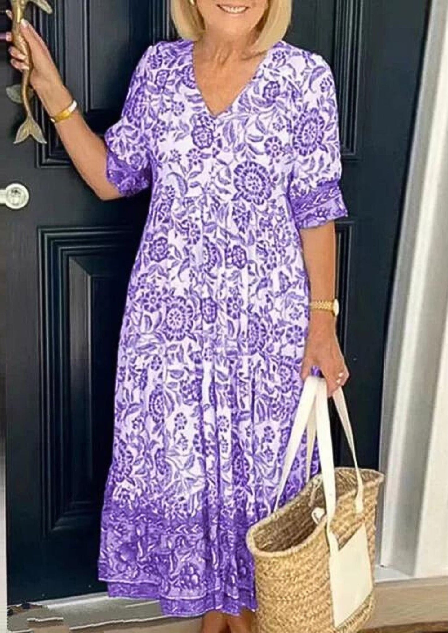 Camilla™ Cotton Floral V-neck Dress Casual Dresses Minha loja Purple XS