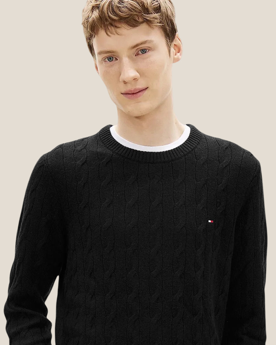 Maglione Girocollo In Lana Intrecciata Con Logo Bandierina Ricamato