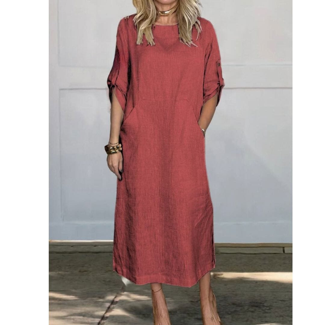 Lily™ | Comfortable Solid Color Linen Pocket Dress Dress Minha loja Red M