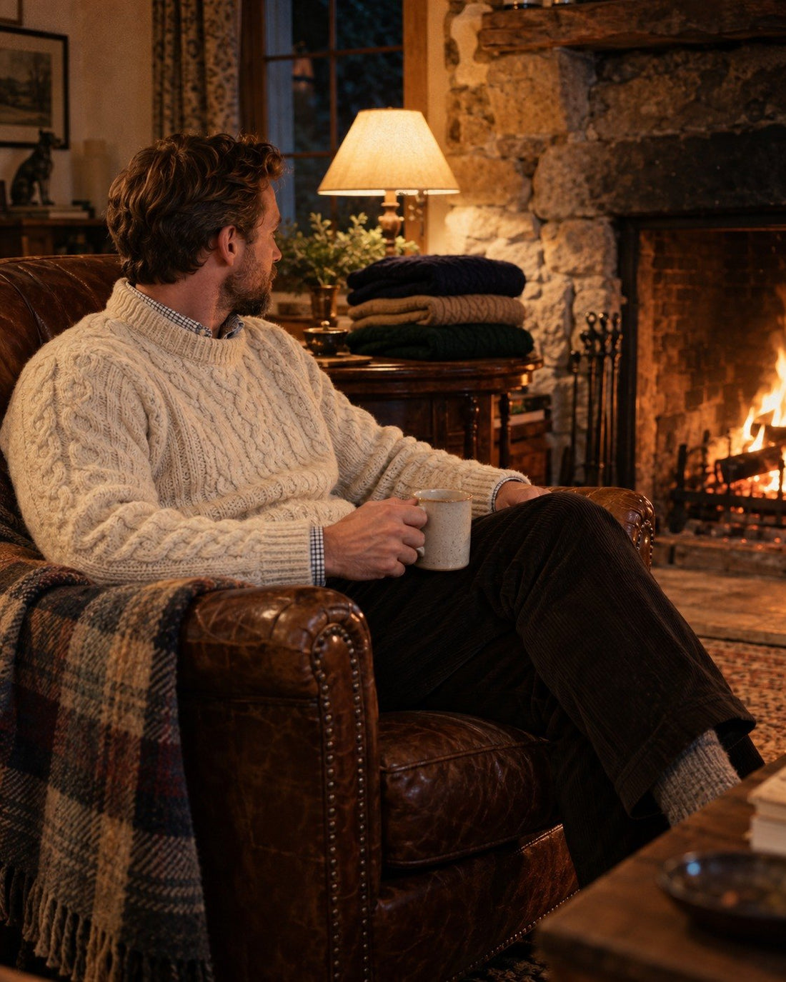 Man in a cream cable-knit sweater by a fireplace
