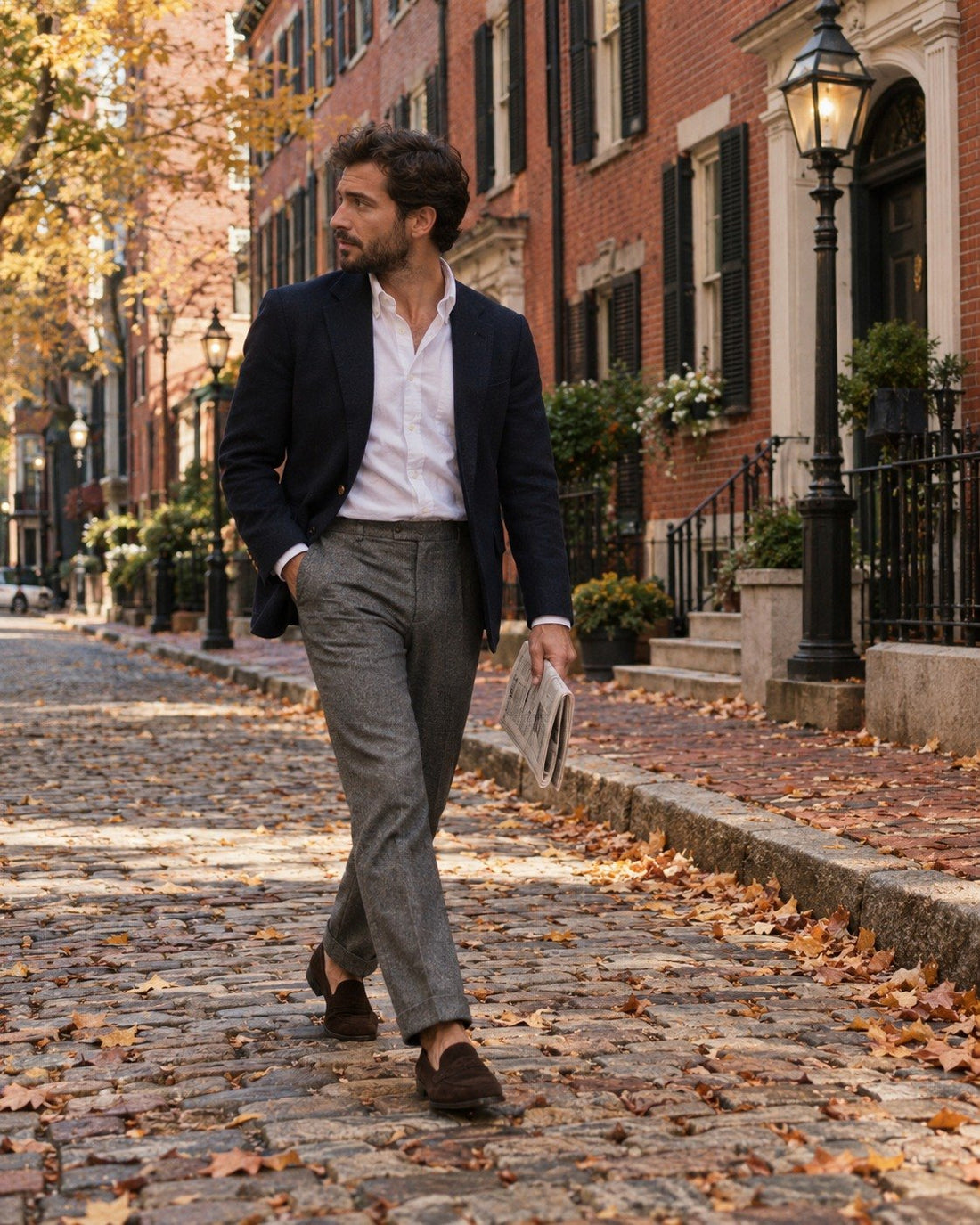 Hombre con blazer azul marino y pantalones de franela gris caminando por una calle adoquinada