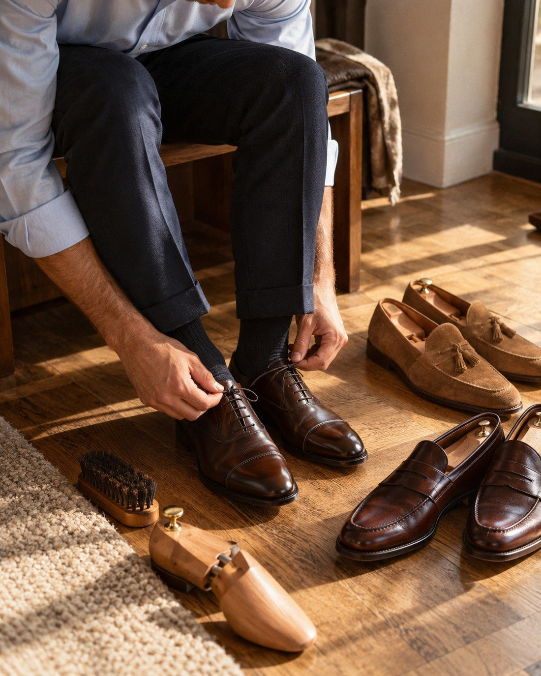 Man tying brown oxford shoes next to suede and penny loafers