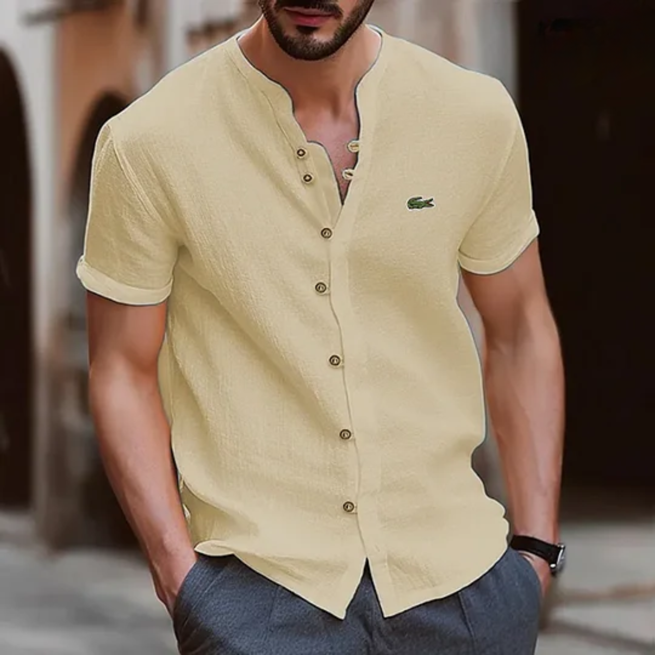 L.C Textured Button Henley Shirt - Clearance Sale