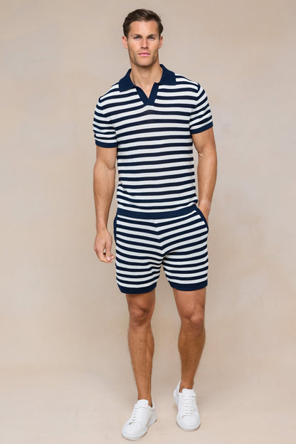 Lattolo Gestreiftes Strick-Poloshirt - Navy/Ecru