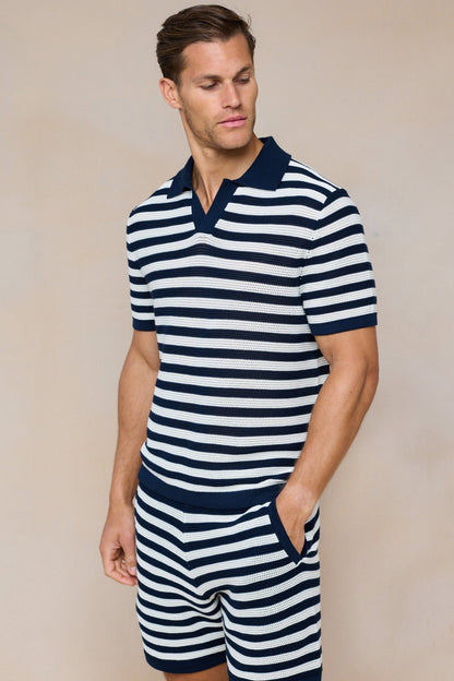 Lattolo Gestreiftes Strick-Poloshirt - Navy/Ecru