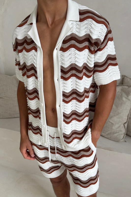 Primavera Crochet Knit Shirt - ecru/hnědá
