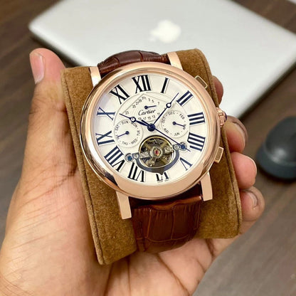 Cartier Automatic White Dial Leather Belt Watch For Men