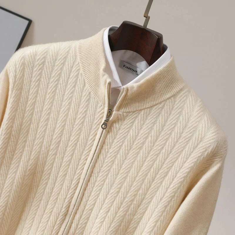 Herenpullover van 100% merinowol met volledige rits in Old Money-stijl
