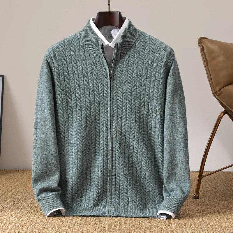 Herenpullover van 100% merinowol met volledige rits in Old Money-stijl