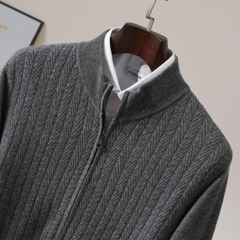 Herenpullover van 100% merinowol met volledige rits in Old Money-stijl