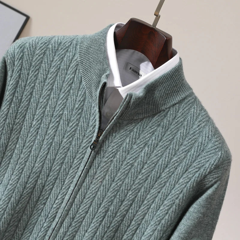Herenpullover van 100% merinowol met volledige rits in Old Money-stijl