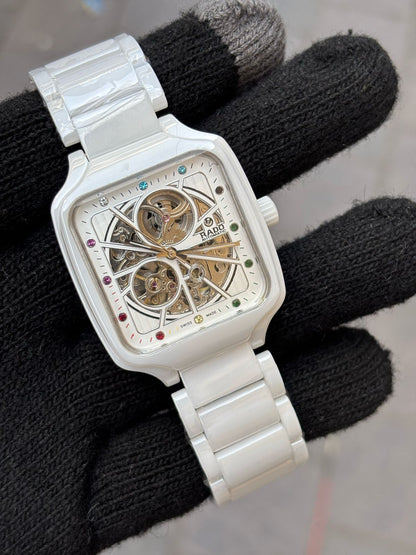 Rado White Rainbow Dial Ceramic Automatic Open Heart Men's Watch