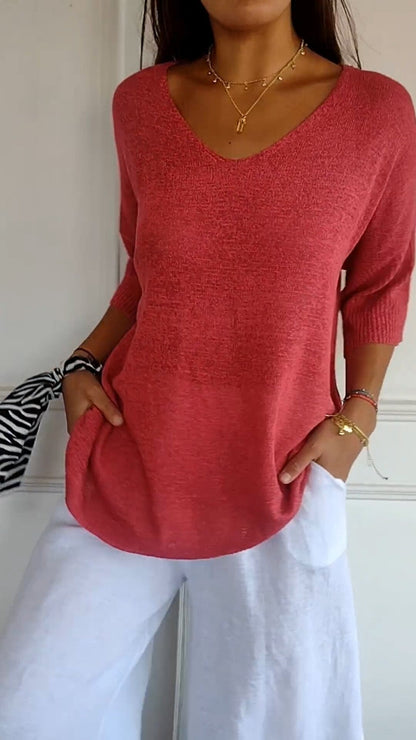 "AuraLuxe V-Neck Knit Top" Minha loja 