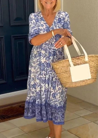 Camilla™ Cotton Floral V-neck Dress Casual Dresses Minha loja Blue XS 