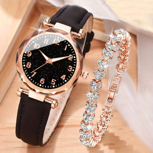 Casual Elegance Set - Quartz Watch with PU Leather Strap and Bracelet Minha loja Black + Rose Love Bracelet 