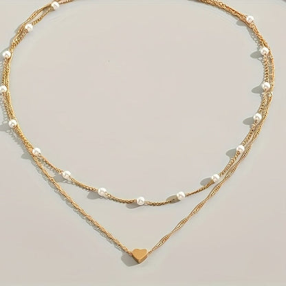 Double Necklace With Pearls And Heart Pendant
