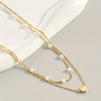 Double Necklace With Pearls And Heart Pendant Minha loja 