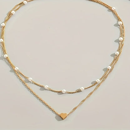 Double Necklace With Pearls And Heart Pendant Minha loja 