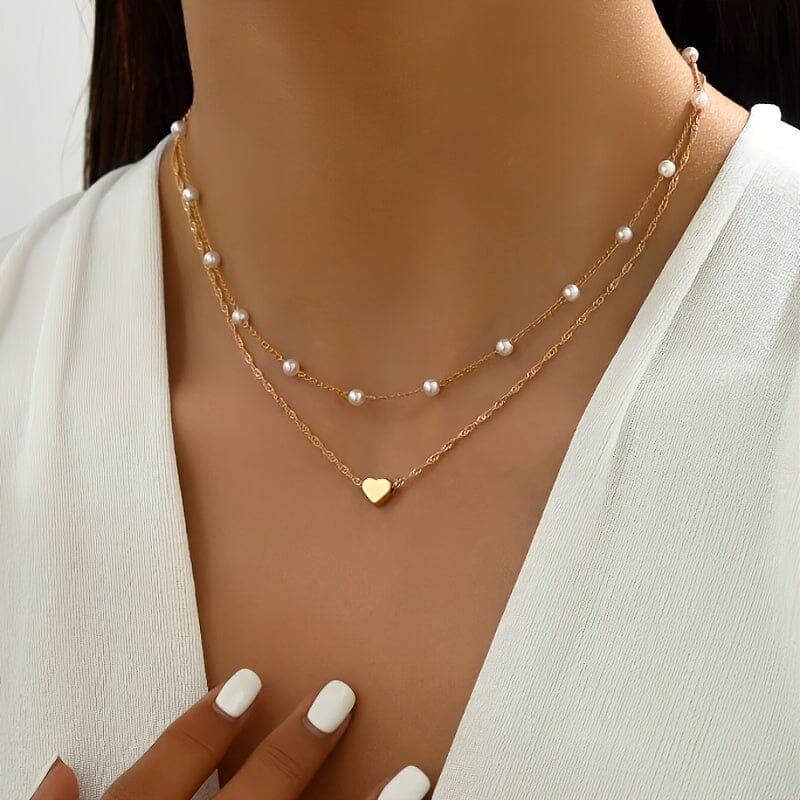 Double Necklace With Pearls And Heart Pendant Minha loja 
