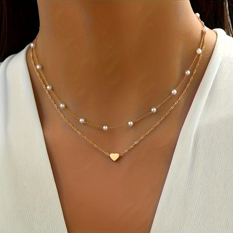 Double Necklace With Pearls And Heart Pendant Minha loja Golden 