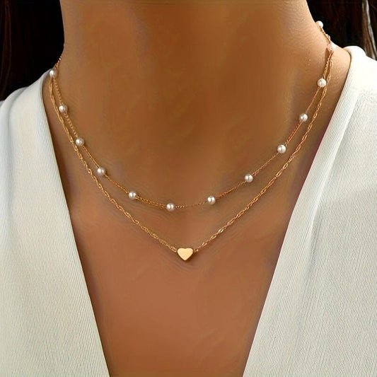 Double Necklace With Pearls And Heart Pendant Minha loja Golden 
