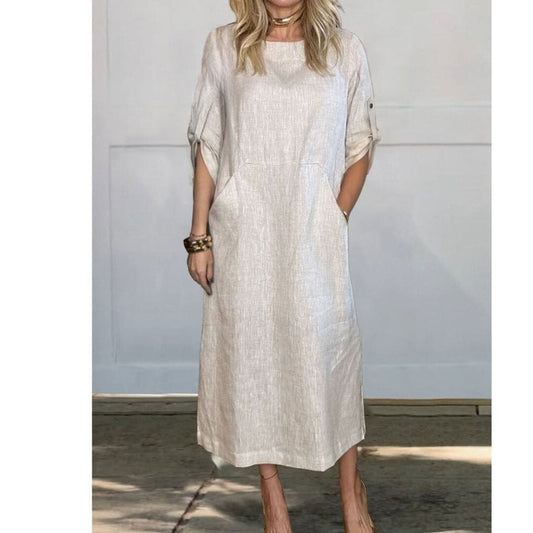 Lily™ | Comfortable Solid Color Linen Pocket Dress Dress Minha loja White S 