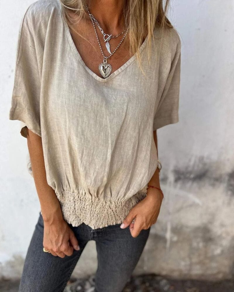 Muse - V-Neck Boho Tee Shirt Minha loja Apricot S 