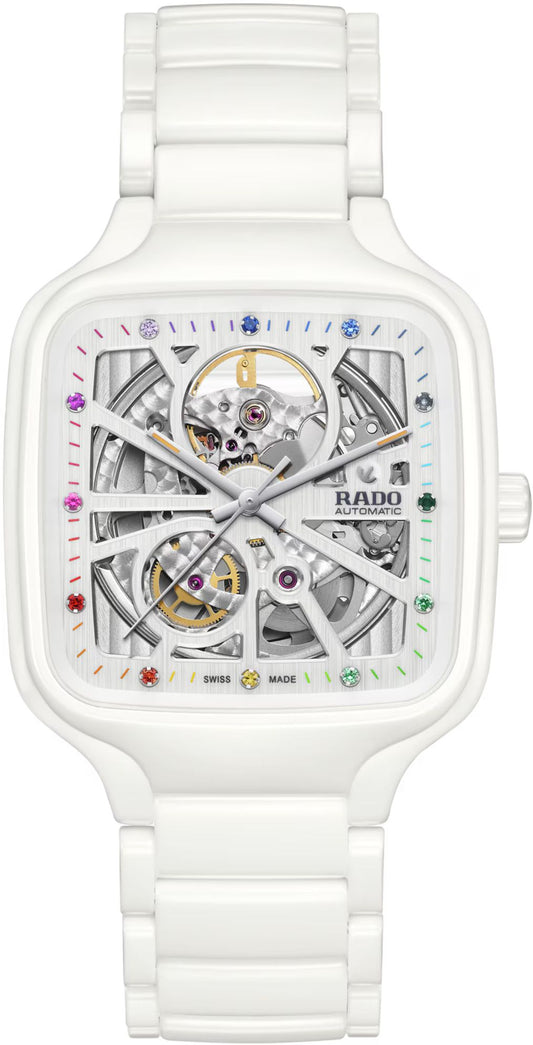 Rado White Rainbow Dial Ceramic Automatic Open Heart Men's Watch