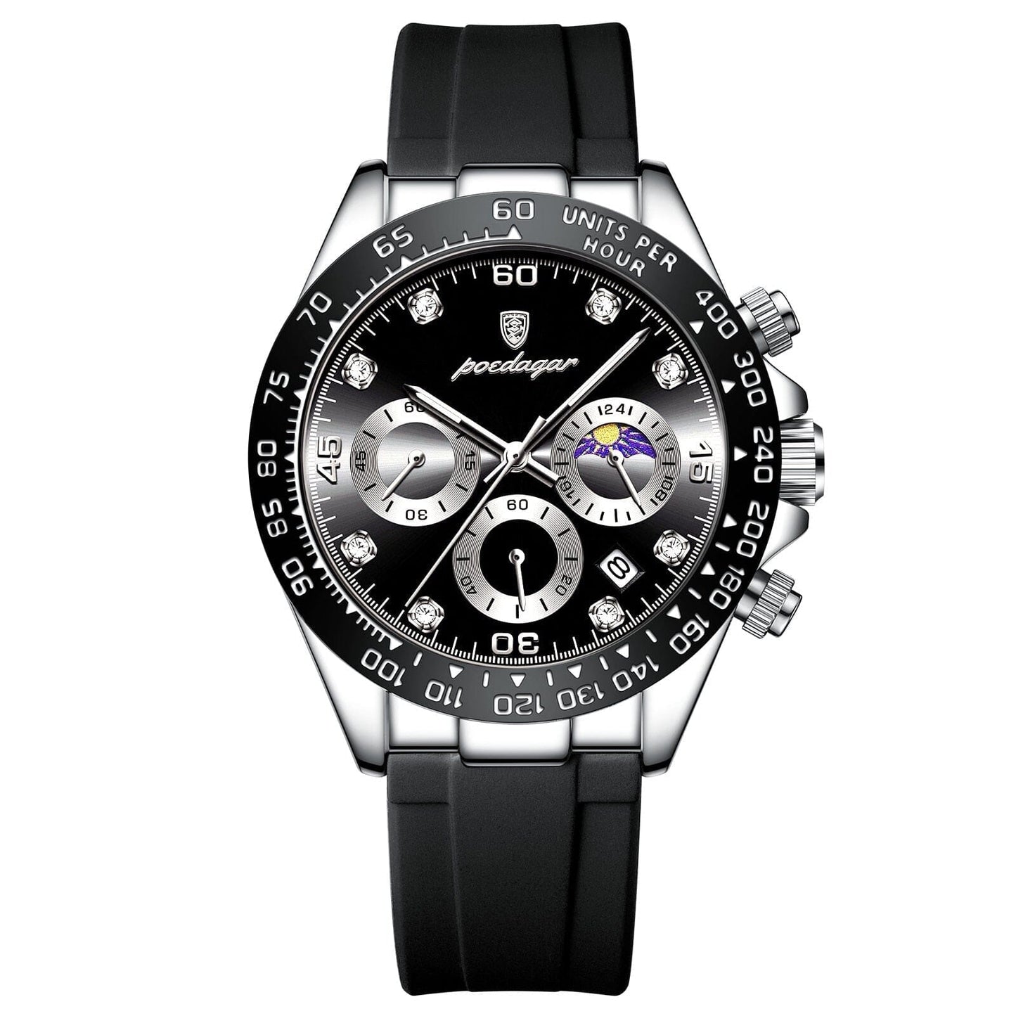 Watch Poedagar Chronograph Fase Date Relogio 04 Minha loja Silver Black 
